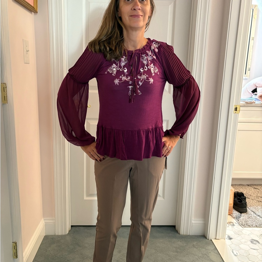 White House Black Market Purple Blouse with Floral Detail